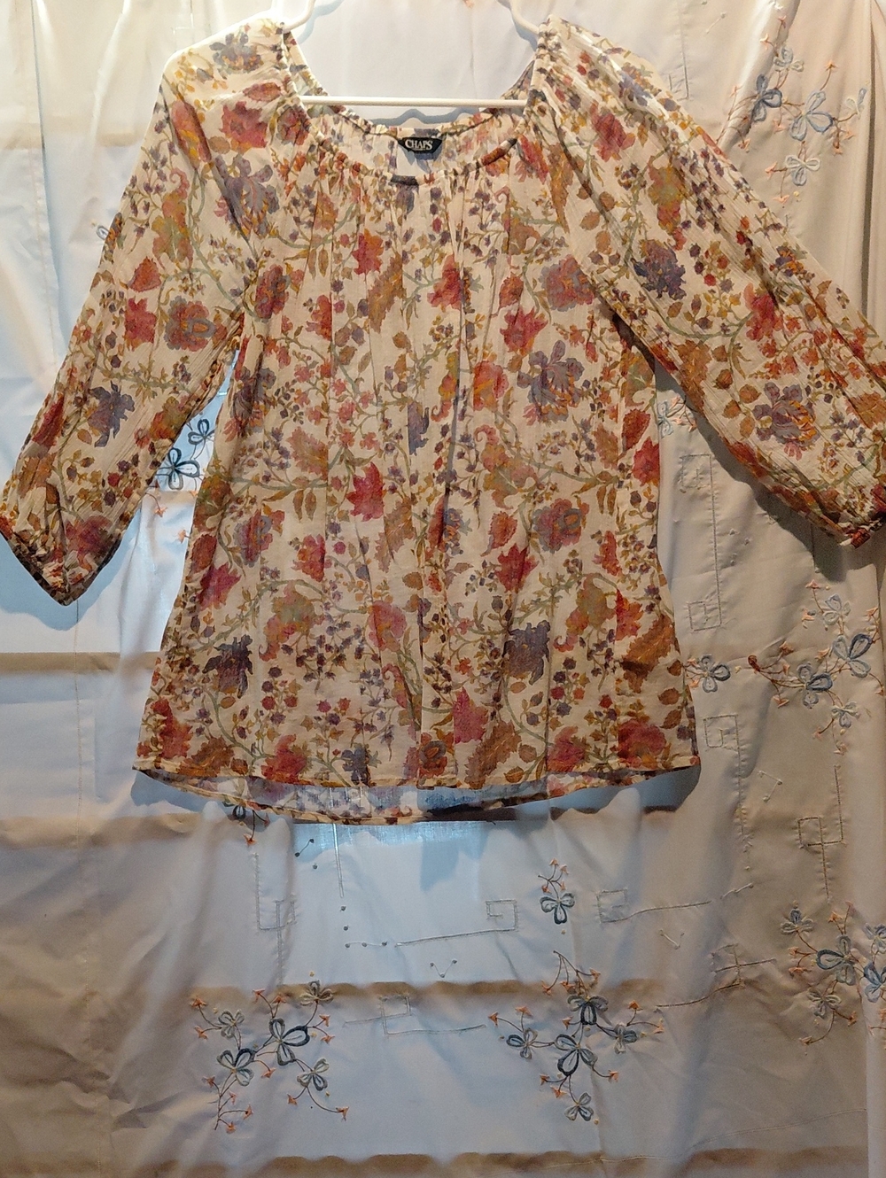 Chaps Cream Floral Peasant Blouse with Pink, Purple & Green Accents